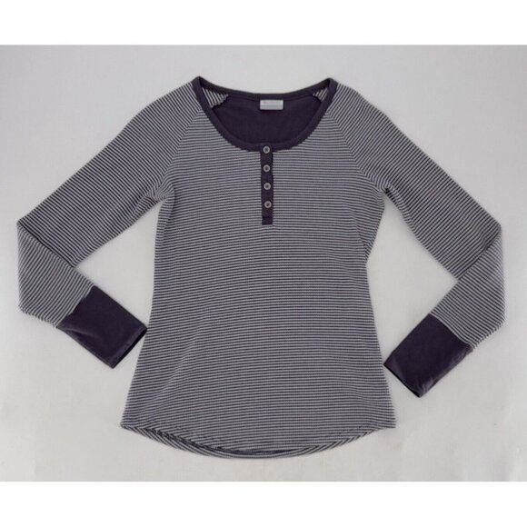 Columbia Women’s Long Sleeve Striped Henley‎ Purple White Waffle Knit Shirt Sz M - Picture 7 of 9